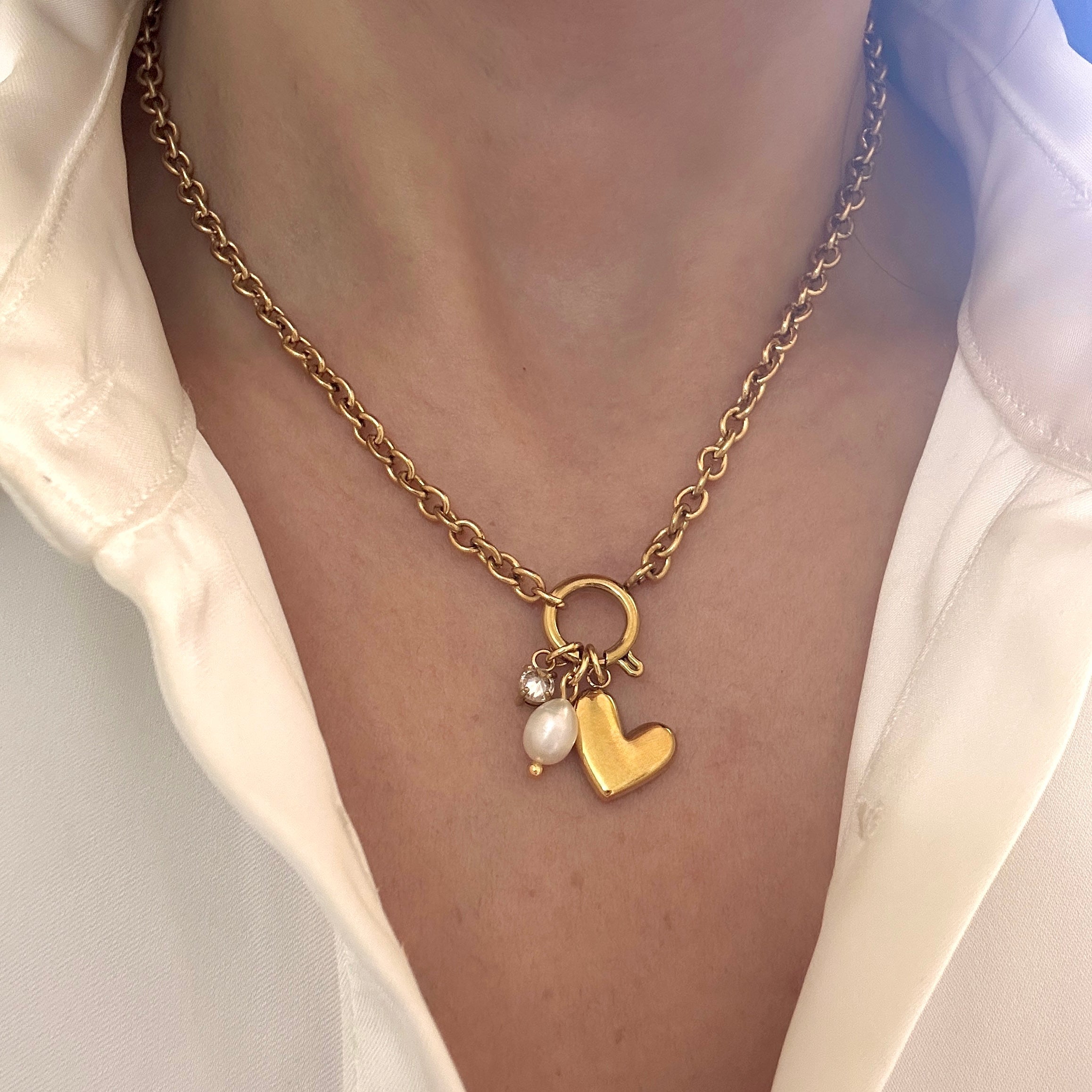 Heart Pearl Charm Chain Necklace